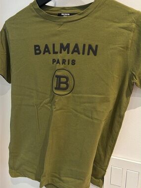 Balmain Olive Green Crewneck T-Shirt with Black Logo